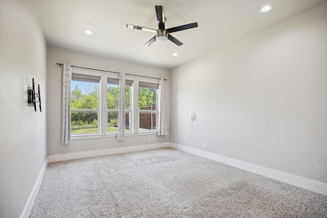 unfurnished room with baseboards, a ceiling fan, carpet, and recessed lighting