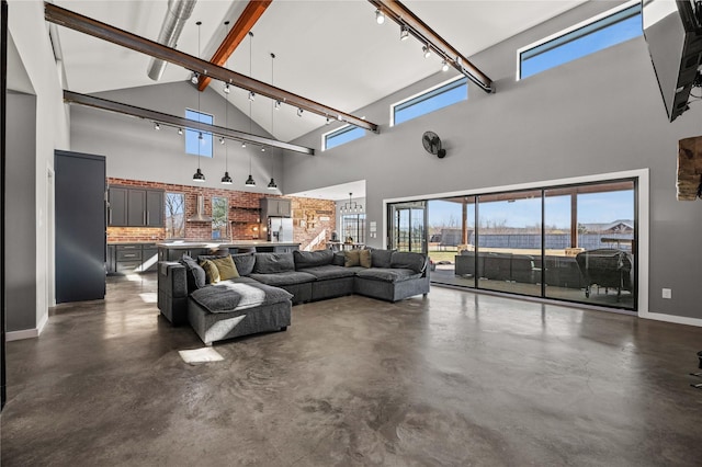 living room with high vaulted ceiling and beam ceiling