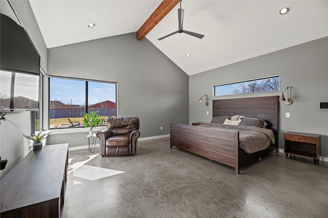 bedroom featuring concrete floors, beamed ceiling, and high vaulted ceiling