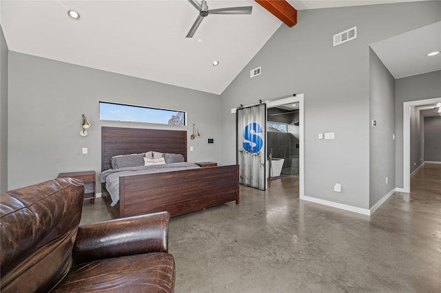 bedroom with beamed ceiling, high vaulted ceiling, ceiling fan, a barn door, and concrete flooring