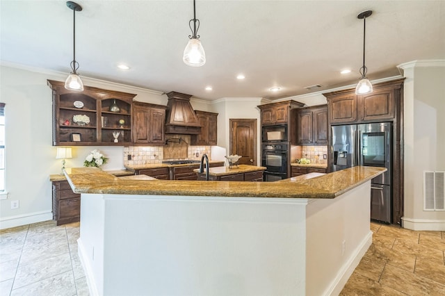 10545 Lago Vis, Quinlan, TX 75474 - kitchen with custom exhaust hood, appliances with stainless steel finishes, dark brown cabinets, baseboards, and open shelves