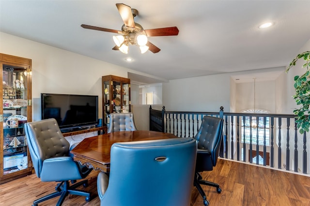 office space featuring ceiling fan and hardwood / wood-style floors