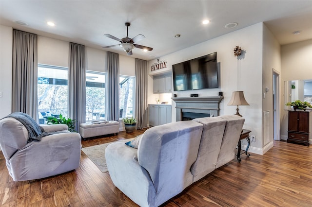 living room with ceiling fan and wood-type flooring