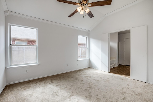 unfurnished room with ceiling fan, carpet floors, lofted ceiling, and ornamental molding