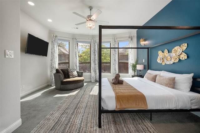 bedroom with visible vents, baseboards, ceiling fan, carpet floors, and recessed lighting