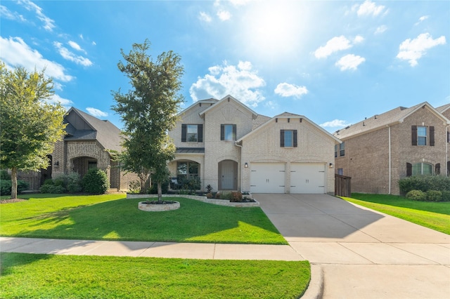 view of front of house with a garage, concrete driveway, brick siding, and a front lawn