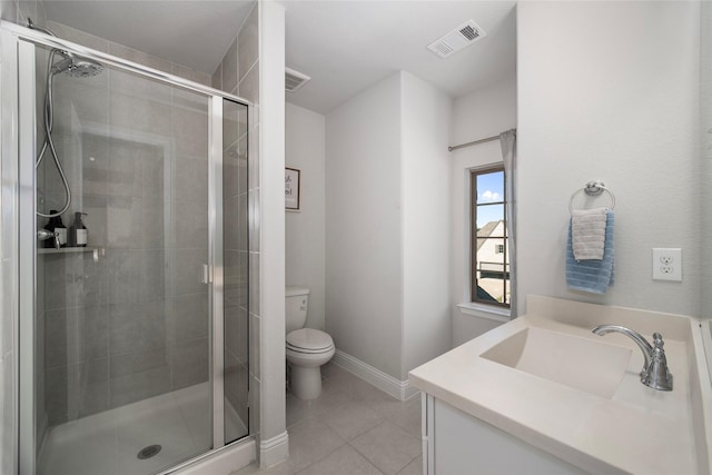 full bathroom featuring visible vents, toilet, a shower stall, vanity, and tile patterned flooring