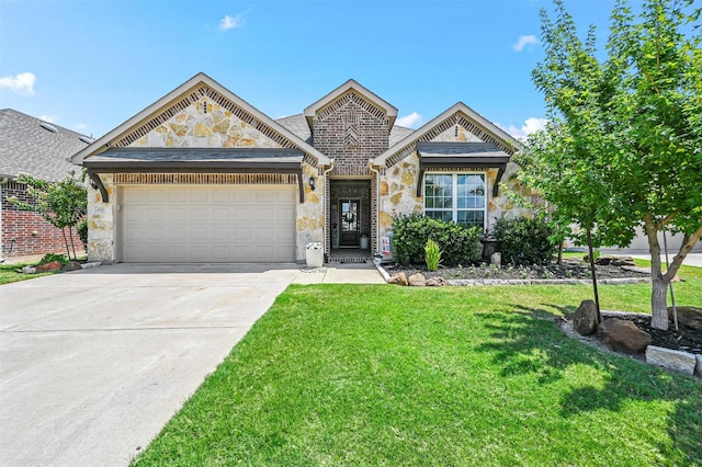 view of front of house with a garage and a front lawn