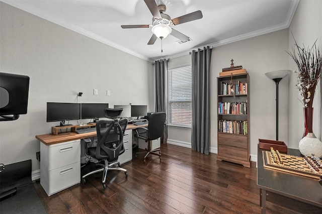 office featuring dark hardwood / wood-style floors, ceiling fan, and ornamental molding