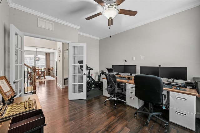 home office with crown molding, french doors, dark hardwood / wood-style flooring, ceiling fan, and lofted ceiling