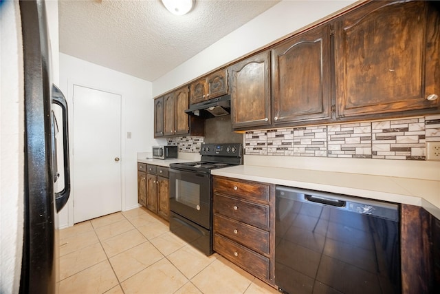 kitchen with black appliances, backsplash, dark brown cabinetry, and light tile patterned flooring