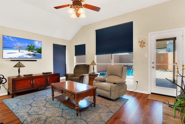 9435 Homestead Ln, Frisco, TX 75033 - living area featuring lofted ceiling, plenty of natural light, wood finished floors, and ceiling fan