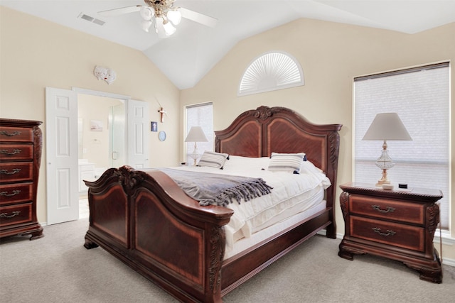 9435 Homestead Ln, Frisco, TX 75033 - bedroom featuring carpet flooring, lofted ceiling, ensuite bath, and ceiling fan