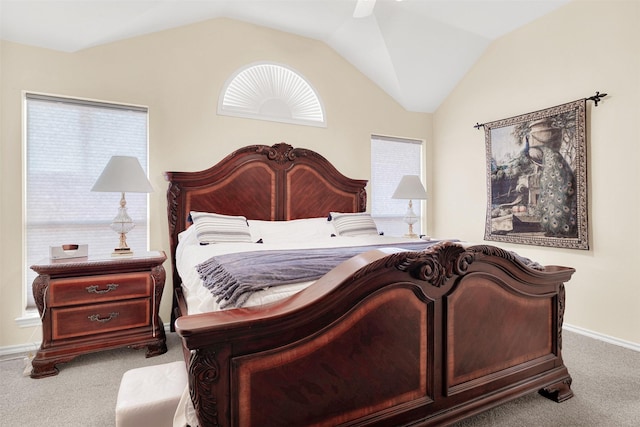 9435 Homestead Ln, Frisco, TX 75033 - bedroom with carpet floors, vaulted ceiling, multiple windows, baseboards, and ceiling fan