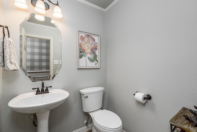 bathroom featuring crown molding and toilet