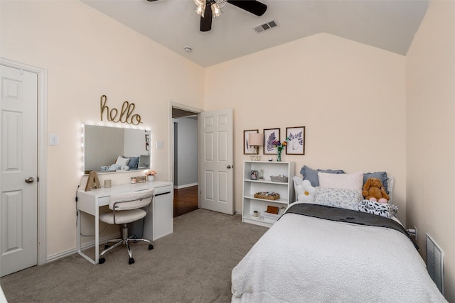 bedroom featuring carpet flooring, high vaulted ceiling, and ceiling fan