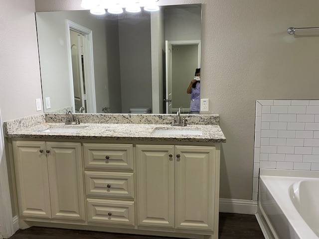 bathroom featuring toilet, vanity, and a tub to relax in