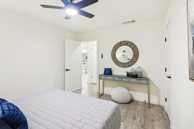 bedroom featuring ceiling fan and light hardwood / wood-style flooring