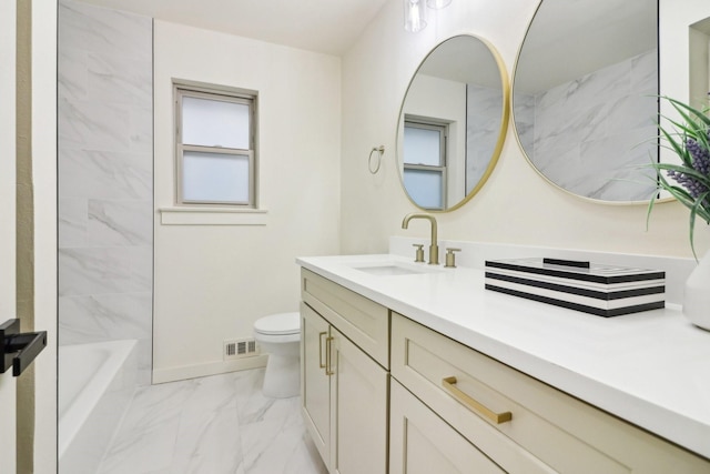 full bathroom featuring toilet, bathtub / shower combination, and vanity