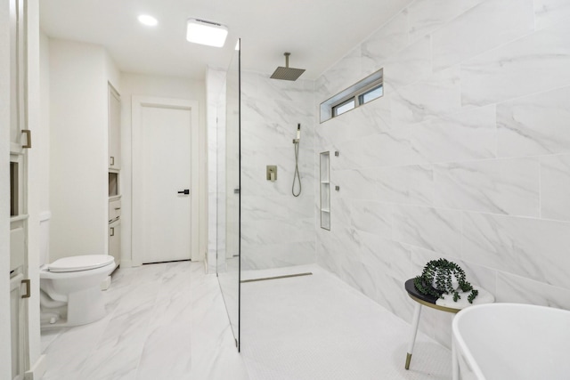 bathroom featuring separate shower and tub, toilet, and tile walls