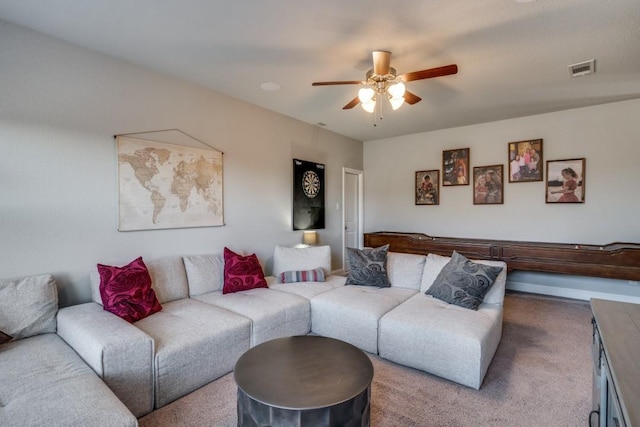1625 Veneto Dr, Mclendon Chisholm, TX 75032 - living room featuring visible vents, carpet flooring, and a ceiling fan