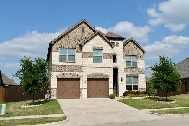1625 Veneto Dr, Mclendon Chisholm, TX 75032 - view of front facade featuring driveway, stone siding, fence, a front lawn, and a garage