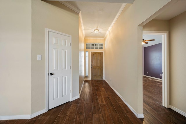 corridor with crown molding and dark hardwood / wood-style floors