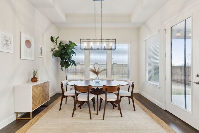 dining space with an inviting chandelier, plenty of natural light, a raised ceiling, and hardwood / wood-style floors