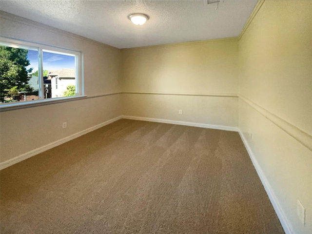 carpeted spare room featuring a textured ceiling and ornamental molding