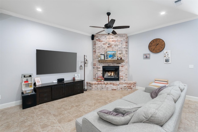 living room featuring crown molding, a fireplace, and ceiling fan