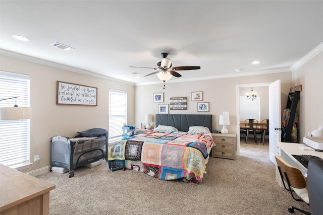 bedroom featuring multiple windows, ornamental molding, light carpet, and ceiling fan with notable chandelier