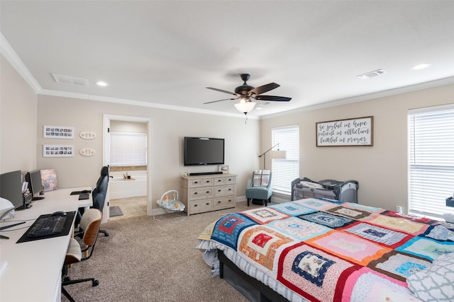 bedroom with multiple windows, ornamental molding, carpet, and ceiling fan