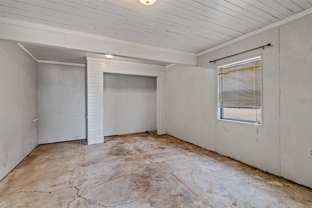 unfurnished bedroom featuring beamed ceiling and wooden ceiling