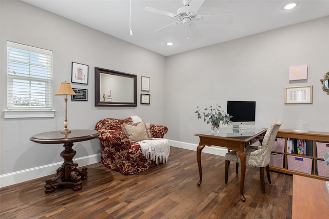 office with ceiling fan and dark hardwood / wood-style flooring