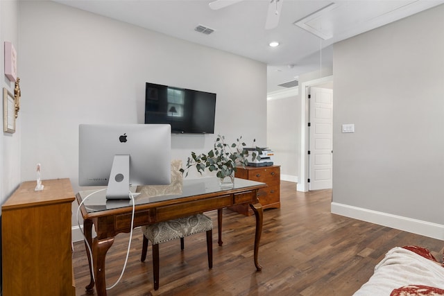 home office featuring ceiling fan and dark hardwood / wood-style flooring