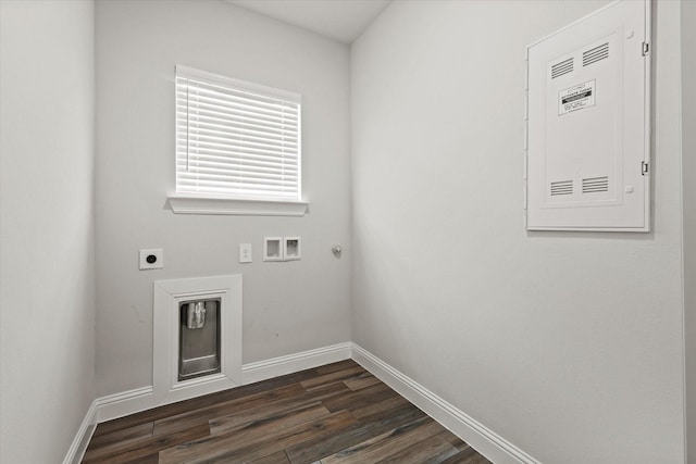 laundry area with washer hookup, hookup for a gas dryer, dark wood-type flooring, and electric dryer hookup