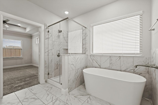 bathroom with plus walk in shower and ceiling fan