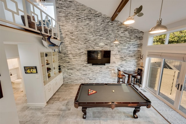 playroom with billiards, beam ceiling, and high vaulted ceiling