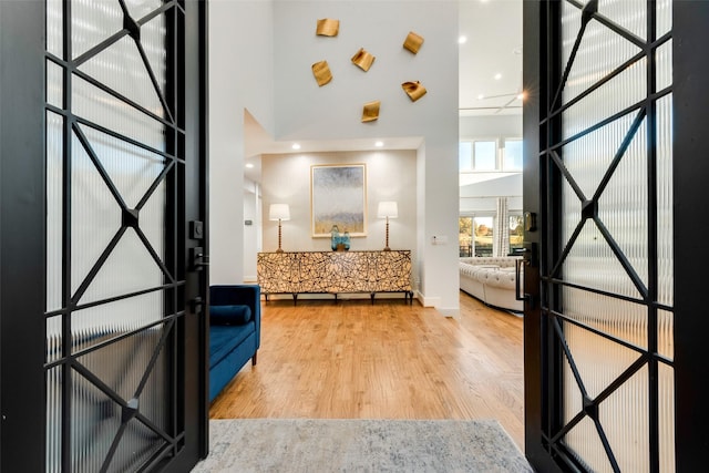 entryway featuring light hardwood / wood-style flooring and a high ceiling