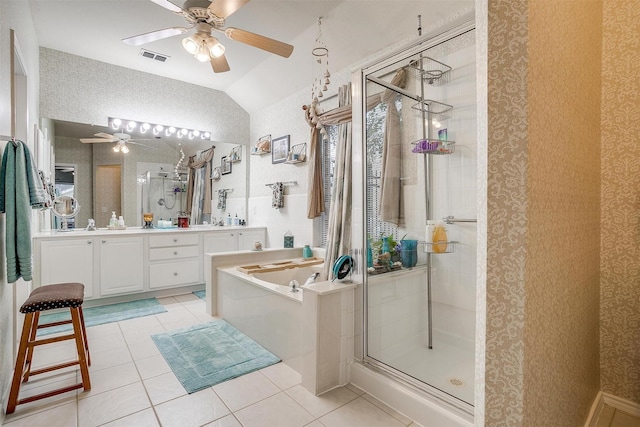 bathroom with tile patterned floors, plus walk in shower, and vaulted ceiling