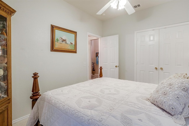 bedroom featuring ceiling fan and a closet