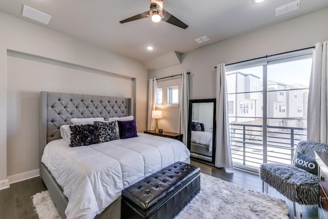 bedroom with ceiling fan and dark hardwood / wood-style flooring