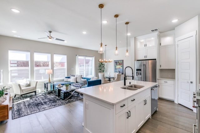 kitchen featuring sink, an island with sink, white cabinetry, and appliances with stainless steel finishes