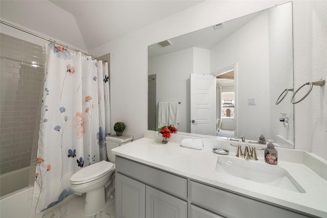 full bathroom featuring vanity, lofted ceiling, shower / bath combo, and toilet