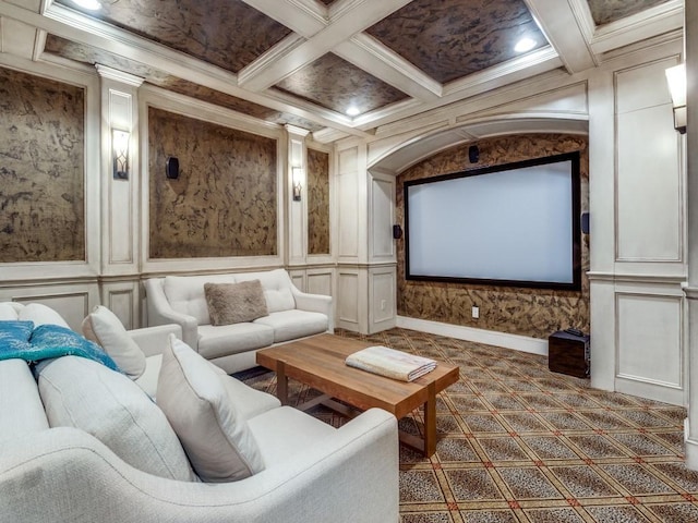 cinema with beam ceiling, coffered ceiling, and crown molding