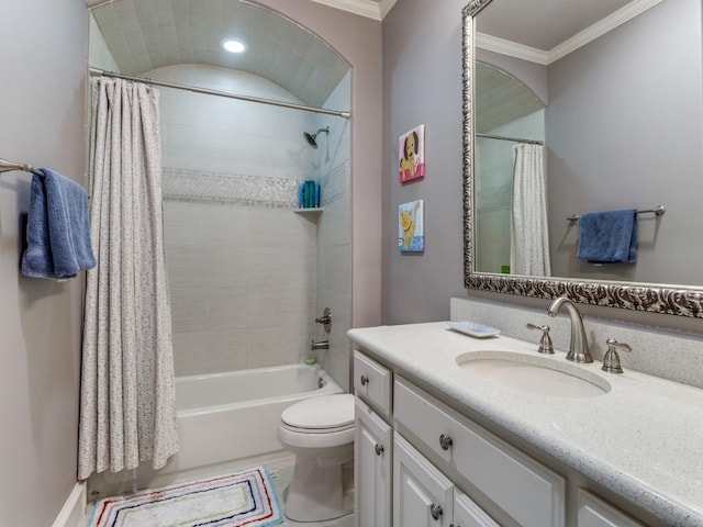 full bathroom with tile patterned flooring, vanity, shower / bath combination with curtain, toilet, and ornamental molding