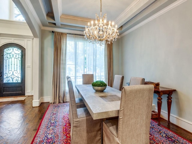 dining area featuring coffered ceiling, beamed ceiling, crown molding, and dark hardwood / wood-style flooring