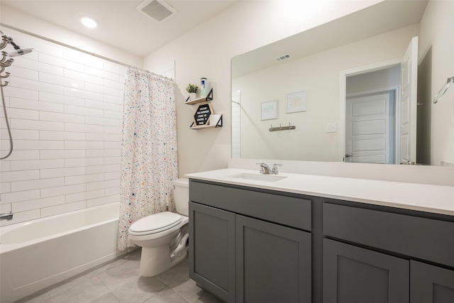 full bathroom featuring shower / bath combo with shower curtain, toilet, vanity, and tile patterned flooring