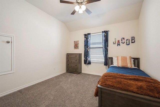 bedroom with ceiling fan, carpet, and vaulted ceiling