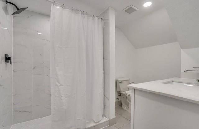 bathroom featuring toilet, walk in shower, and vanity